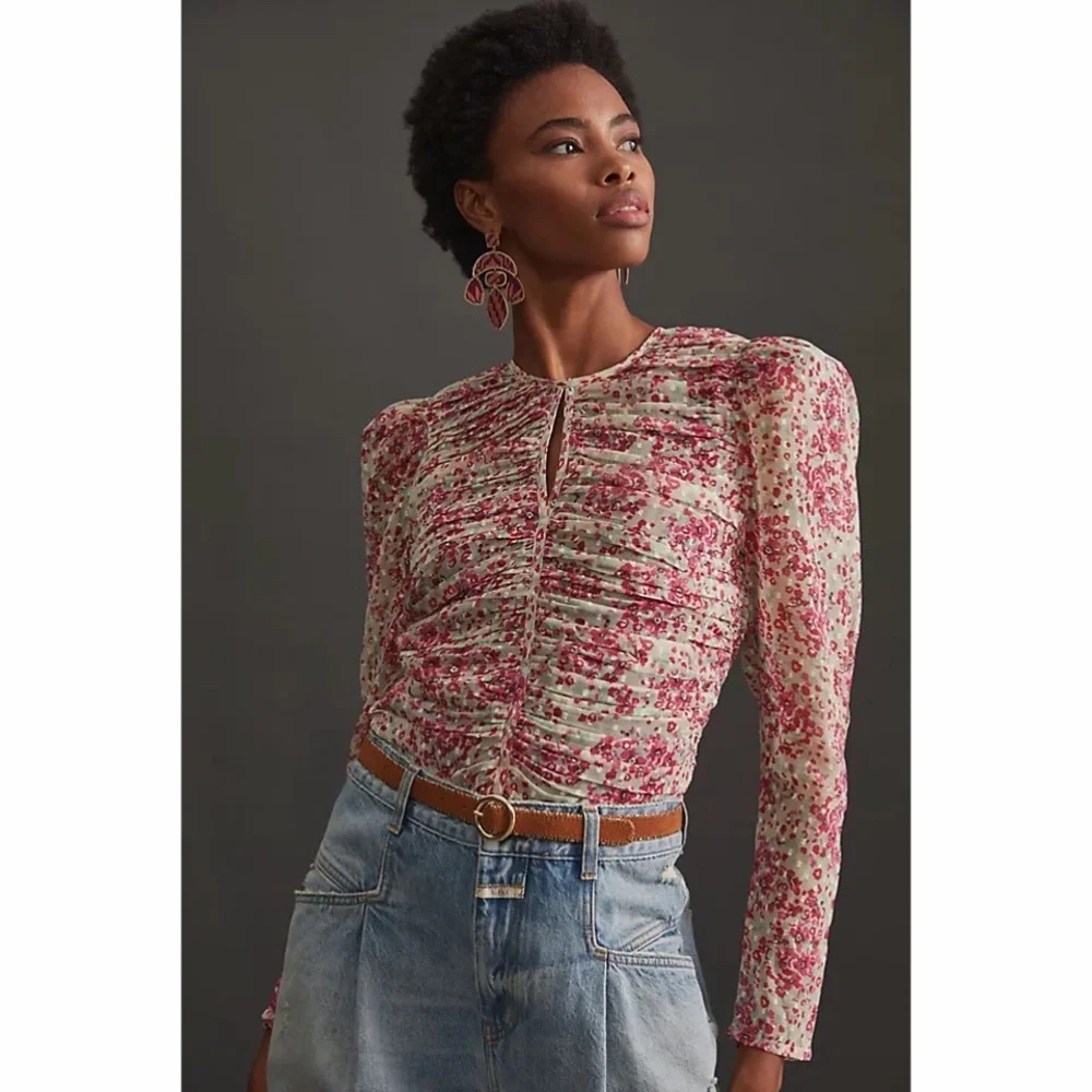 Anthropologie Let Me Be Ruched Floral Blouse Pink Puff Sleeve Crew Neck S NWT